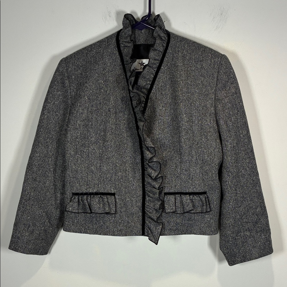 Vintage Gray Ruffle Trim Designer Blazer Feminine Structured Jacket Size 14 - Picture 2 of 7